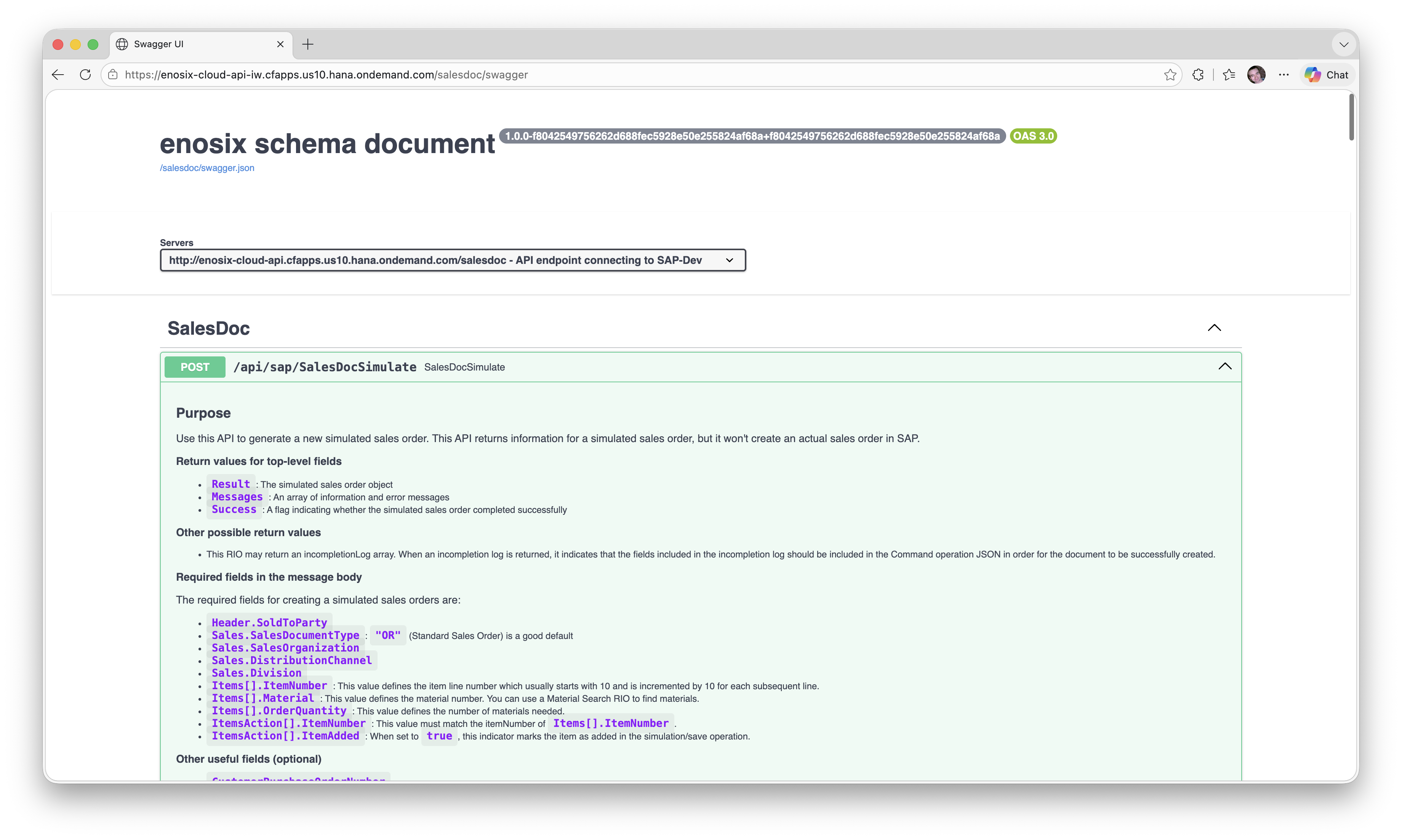 Swagger UI showing the enosix schema document